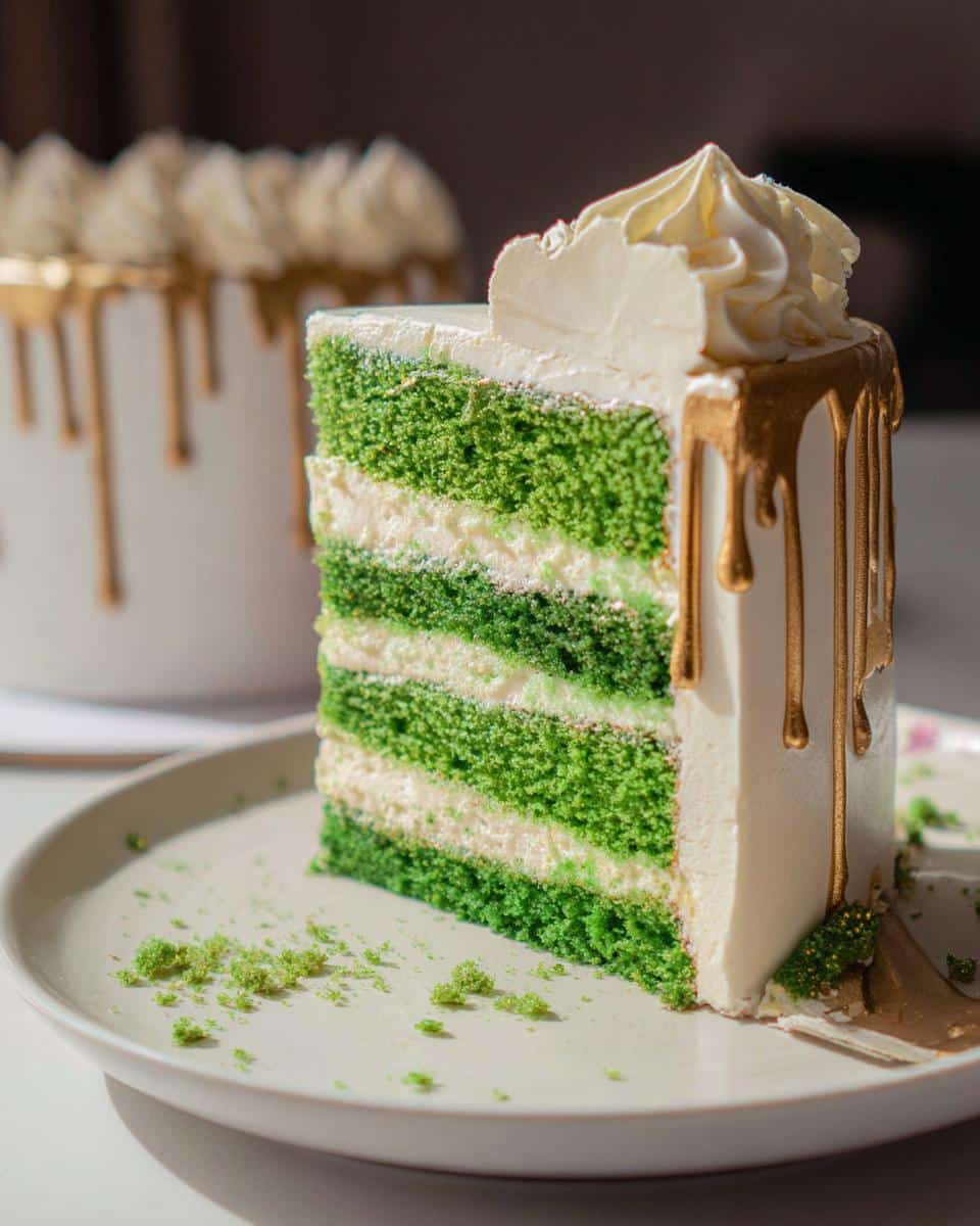A tall slice of Green Velvet Cake showing vibrant green layers alternating with white frosting, topped with white swirls and a gold drip.