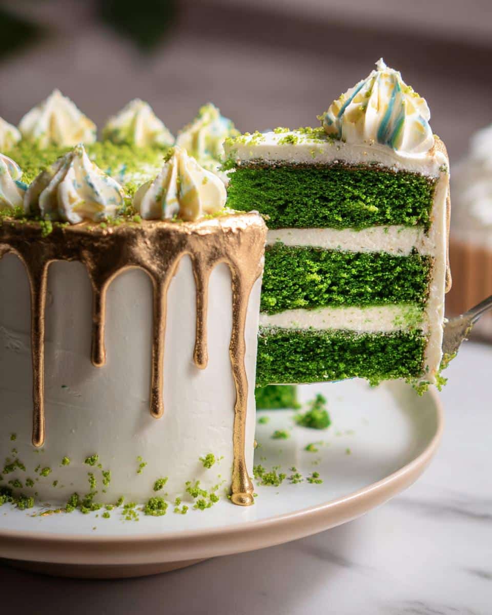 A slice being lifted from a stunning Green Velvet Cake featuring vibrant green layers and white frosting with gold drip.