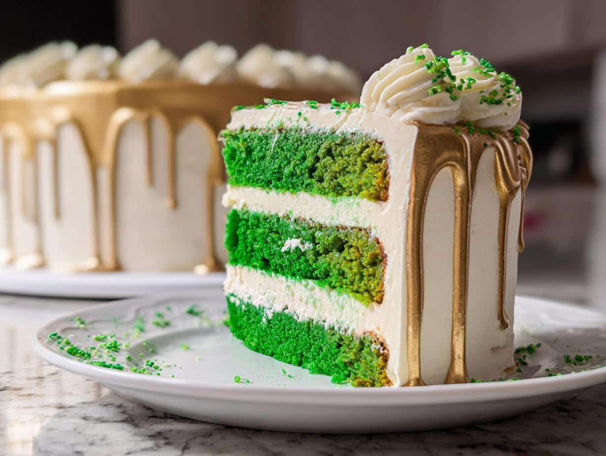 A tall slice of Green Velvet Cake featuring three vibrant green layers, white frosting, and a striking gold drip effect.