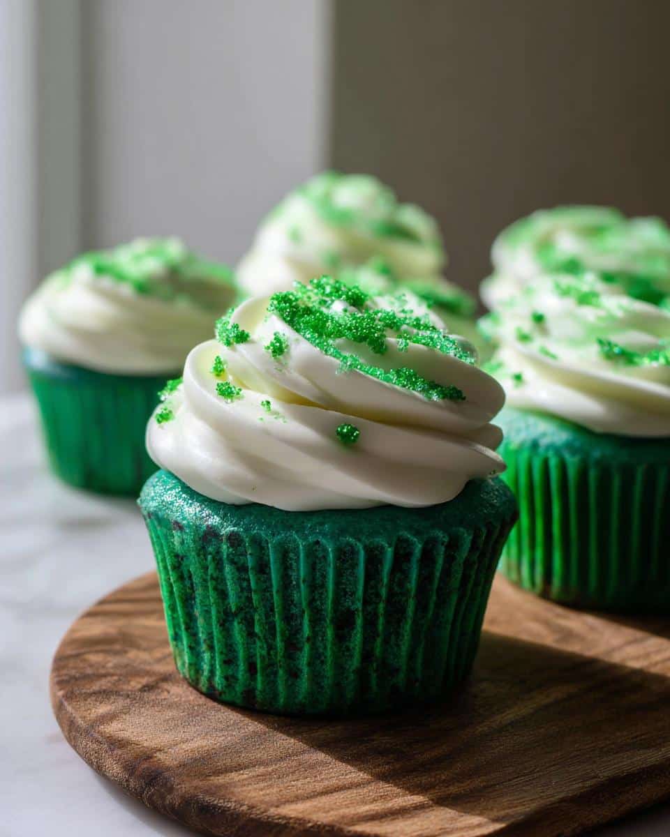 A close-up of a vibrant Green Velvet Cupcakes topped with white cream cheese frosting and green sprinkles.