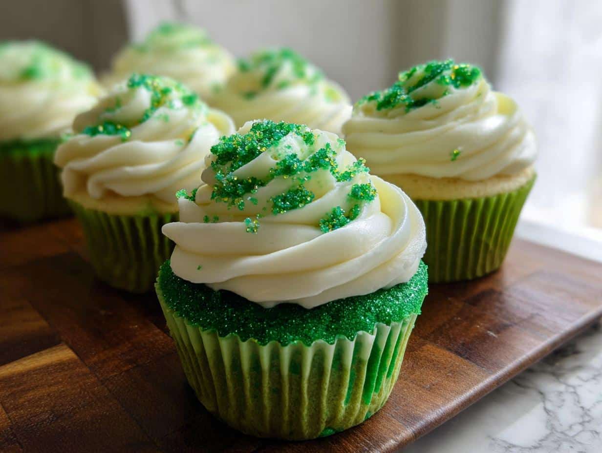 A close-up of several Green Velvet Cupcakes topped with white frosting and green sprinkles on a wooden board.
