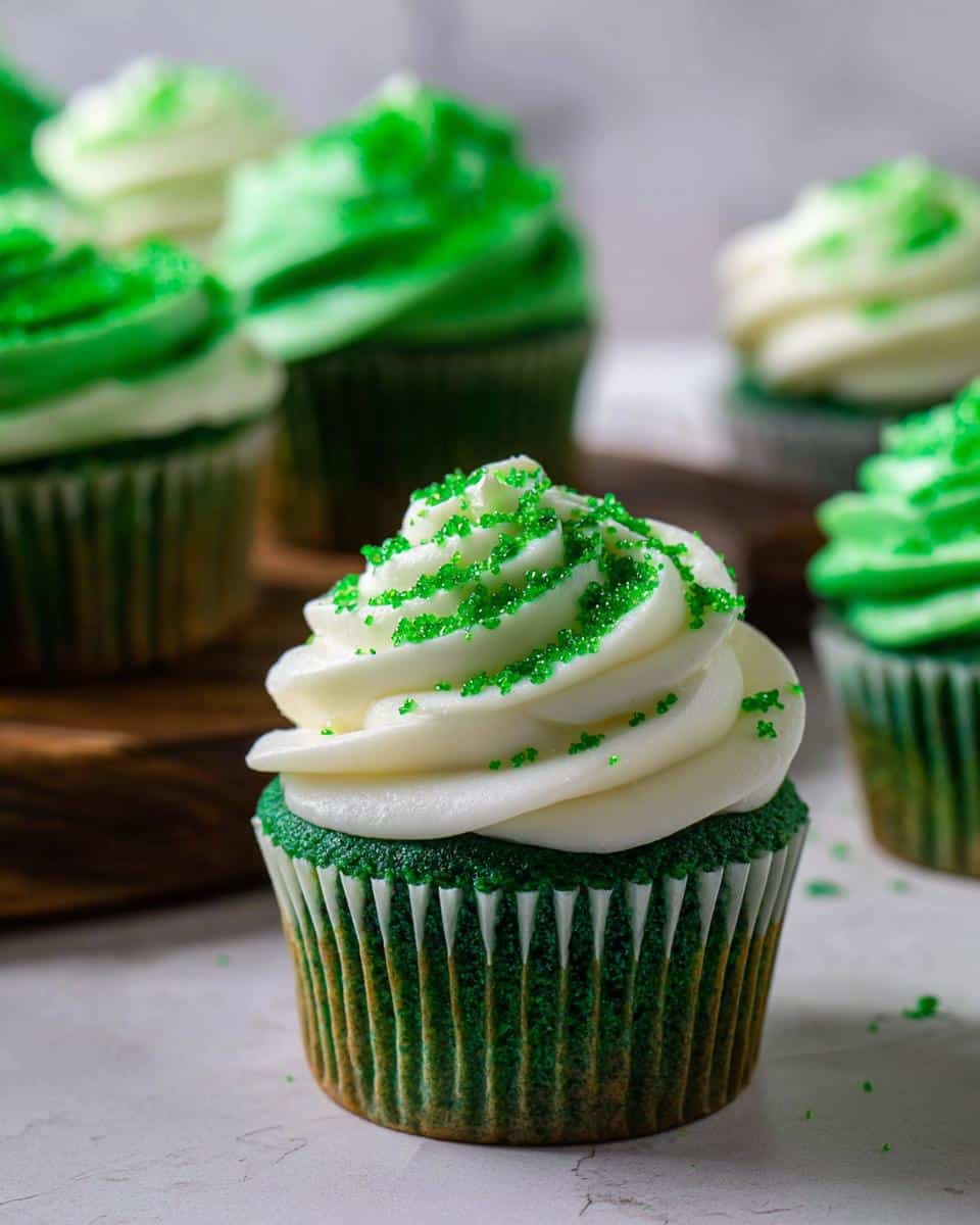 A detailed close-up of one vibrant Green Velvet Cupcakes topped with white cream cheese frosting and green sprinkles.