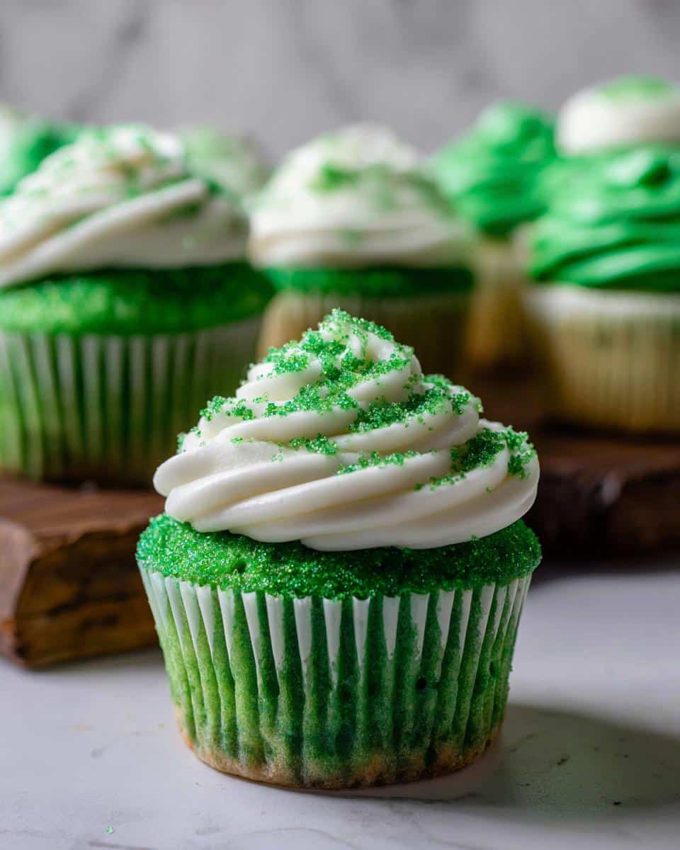 A single, vibrant Green Velvet Cupcakes in focus, topped with white frosting and green sprinkles.
