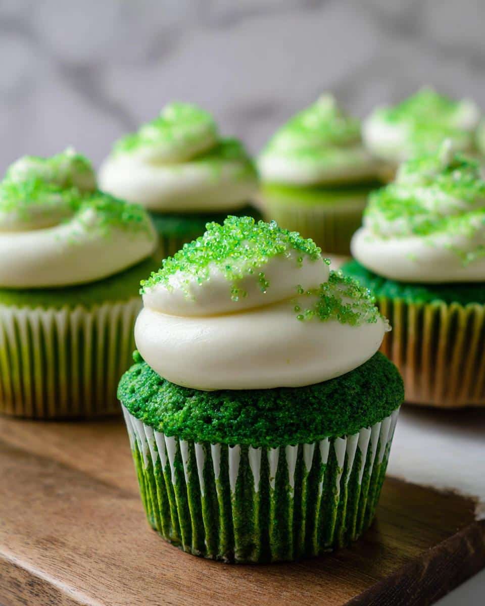 A close-up of a bright Green Velvet Cupcakes topped with white frosting and green sugar sprinkles.