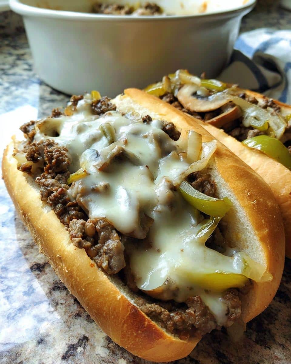 Two delicious Ground Beef Philly Cheesesteaks loaded with ground meat, peppers, onions, mushrooms, and melted white cheese.