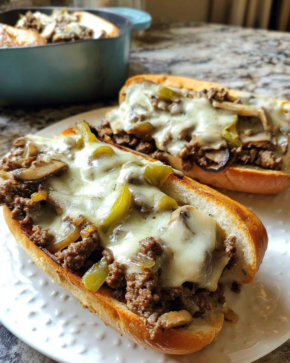 Two open-faced Ground Beef Philly Cheesesteaks loaded with ground beef, mushrooms, peppers, and melted white cheese.