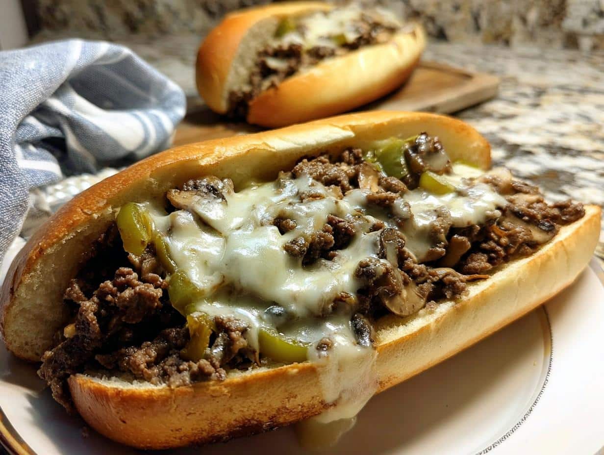Close-up of a delicious Ground Beef Philly Cheesesteaks sandwich overflowing with seasoned meat, peppers, mushrooms, and melted white cheese.