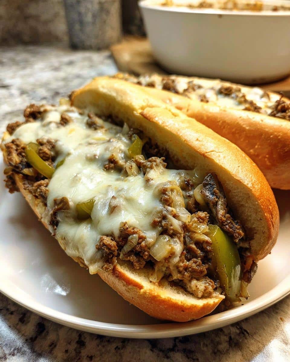 Close-up of a delicious Ground Beef Philly Cheesesteaks sandwich loaded with meat, peppers, onions, and melted white cheese.