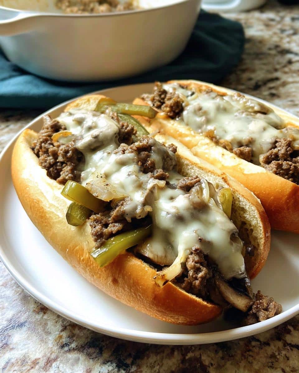 Two delicious Ground Beef Philly Cheesesteaks served on hoagie rolls, topped with ground beef, onions, peppers, and melted white cheese.