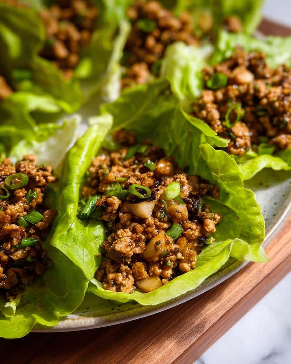Close-up of several fresh Ground Chicken Lettuce Wraps filled with savory brown mince and topped with sliced green onions.