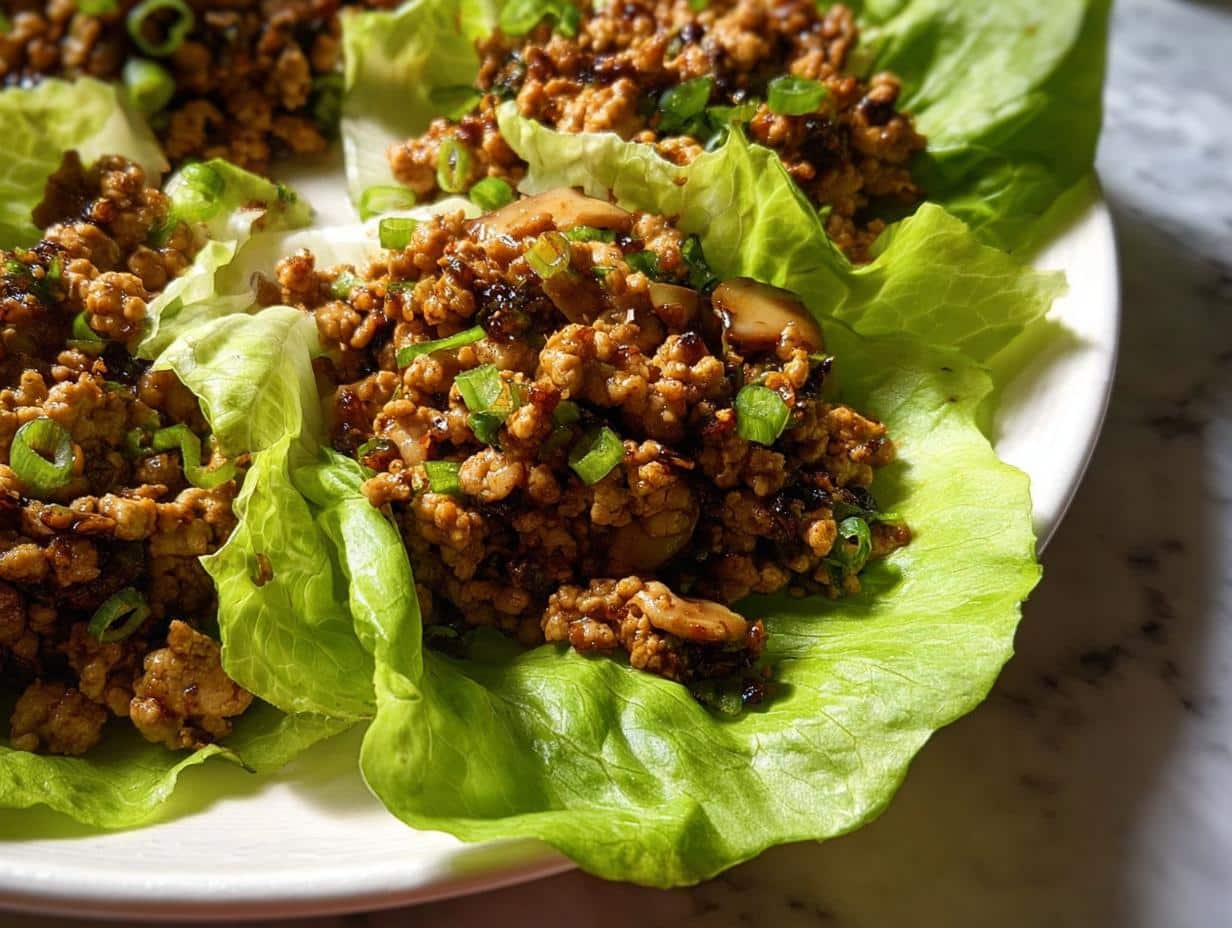 Close-up of savory Ground Chicken Lettuce Wraps served on crisp lettuce cups and garnished with green onions.