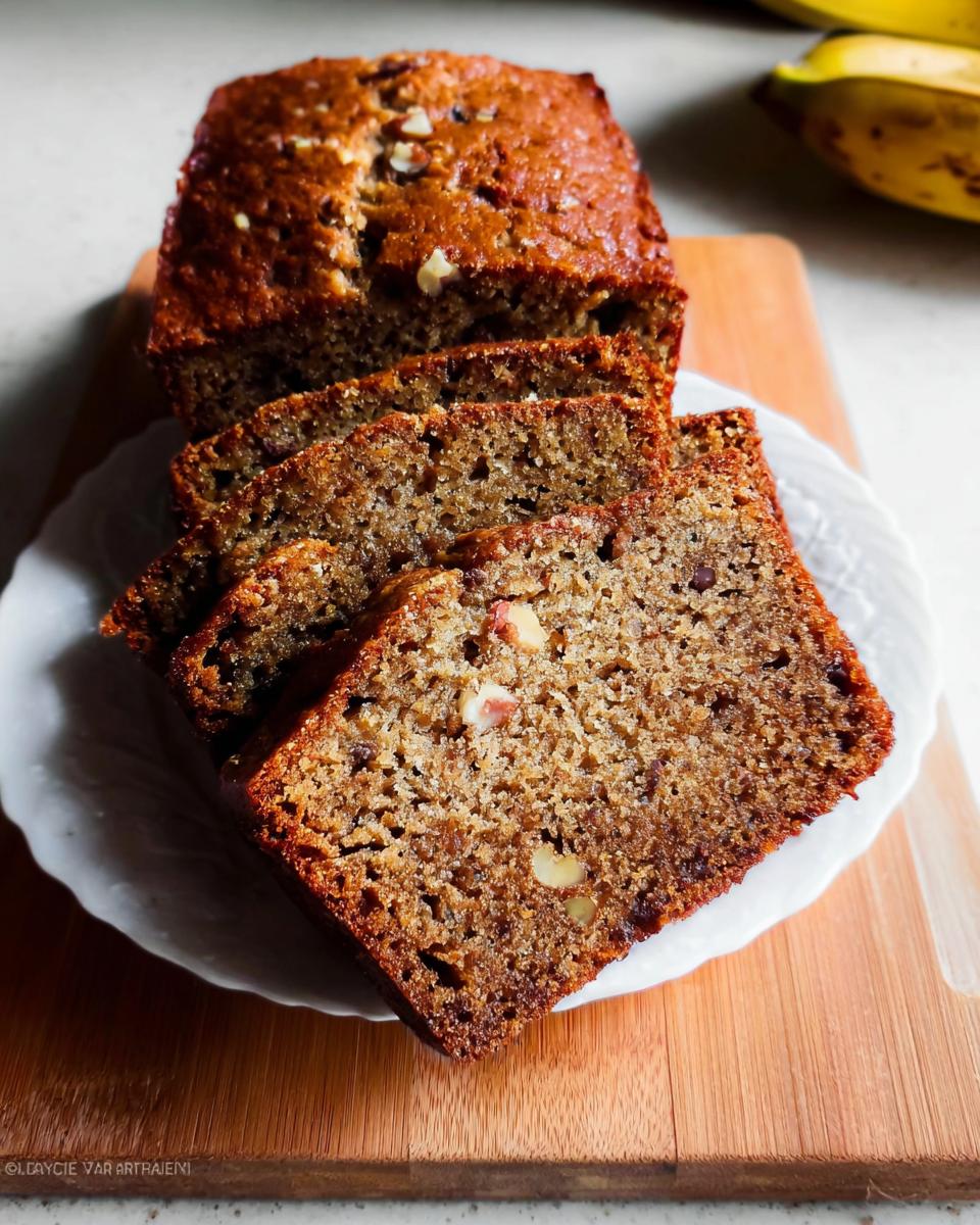 A freshly baked loaf of Healthy Banana Bread with Whole Wheat, partially sliced on a white plate.