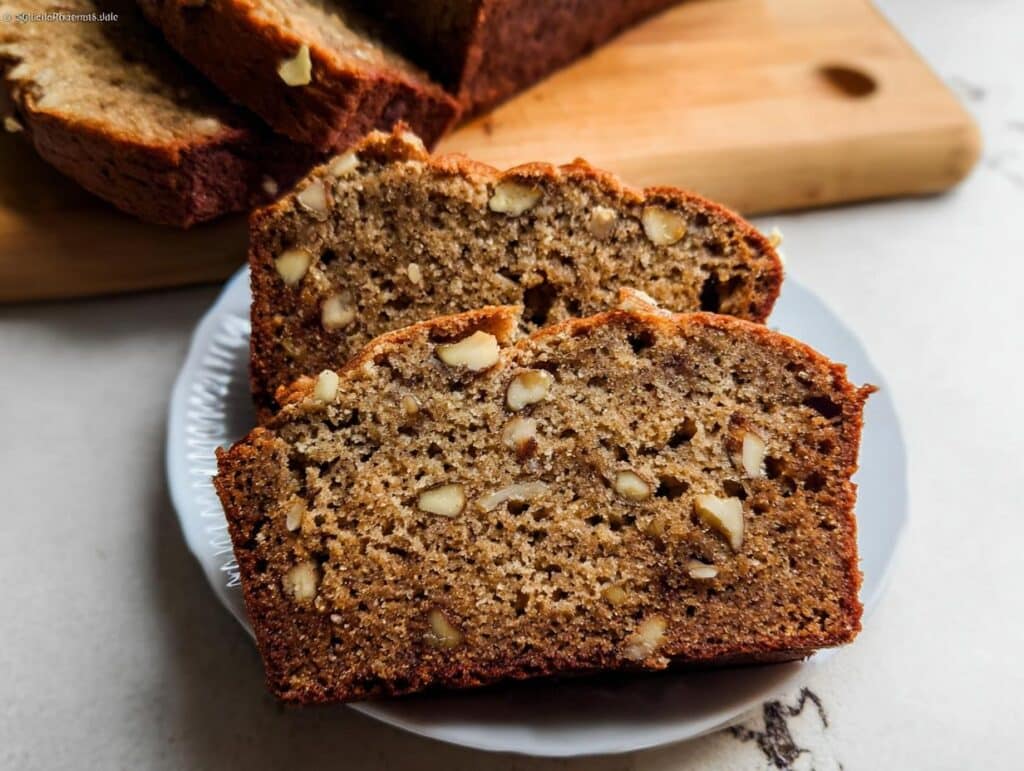 Close-up of two thick slices of Healthy Banana Bread with Whole Wheat, studded with walnuts, served on a small white plate.