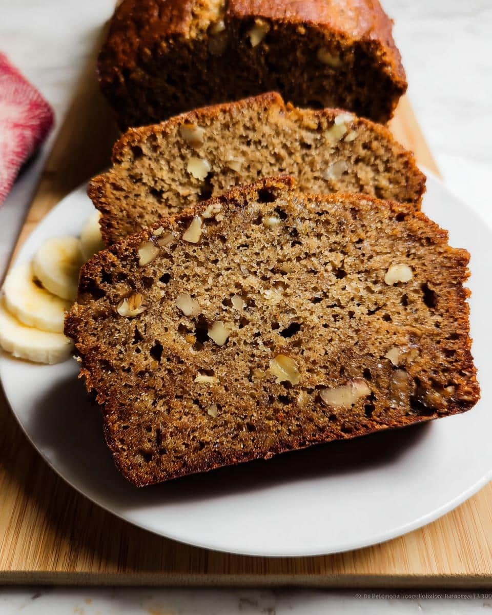 Close-up of moist slices of Healthy Banana Bread with Whole Wheat studded with walnuts on a white plate.