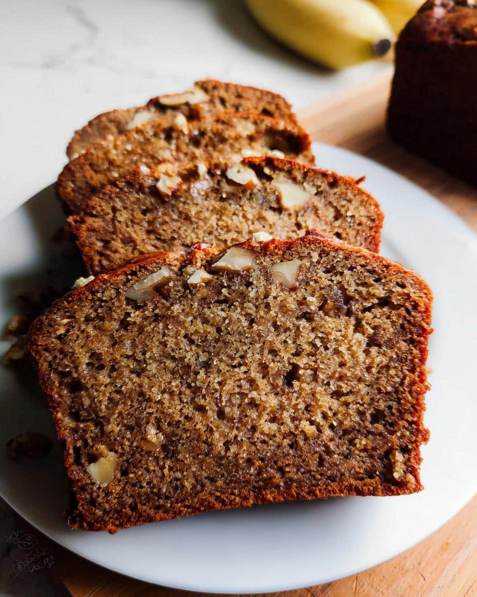 Close-up of three moist slices of Healthy Banana Bread with Whole Wheat topped with walnuts on a white plate.