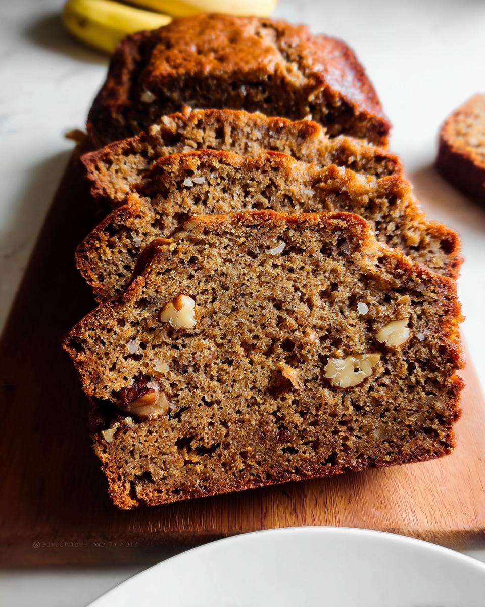 Close-up of moist slices of Healthy Banana Bread with Whole Wheat, showing walnuts embedded in the crumb.