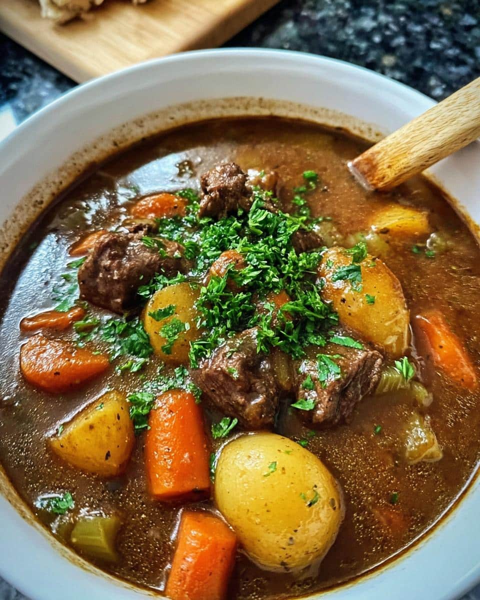 A close-up bowl of rich, dark Healthy Beef Stew featuring chunks of beef, yellow potatoes, carrots, and fresh parsley garnish.