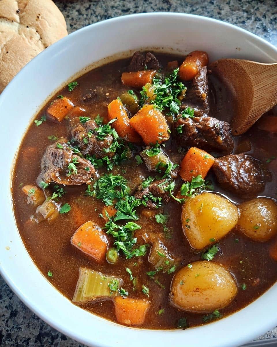 A close-up view of a hearty bowl of Healthy Beef Stew, featuring tender beef chunks, carrots, potatoes, and fresh parsley garnish.