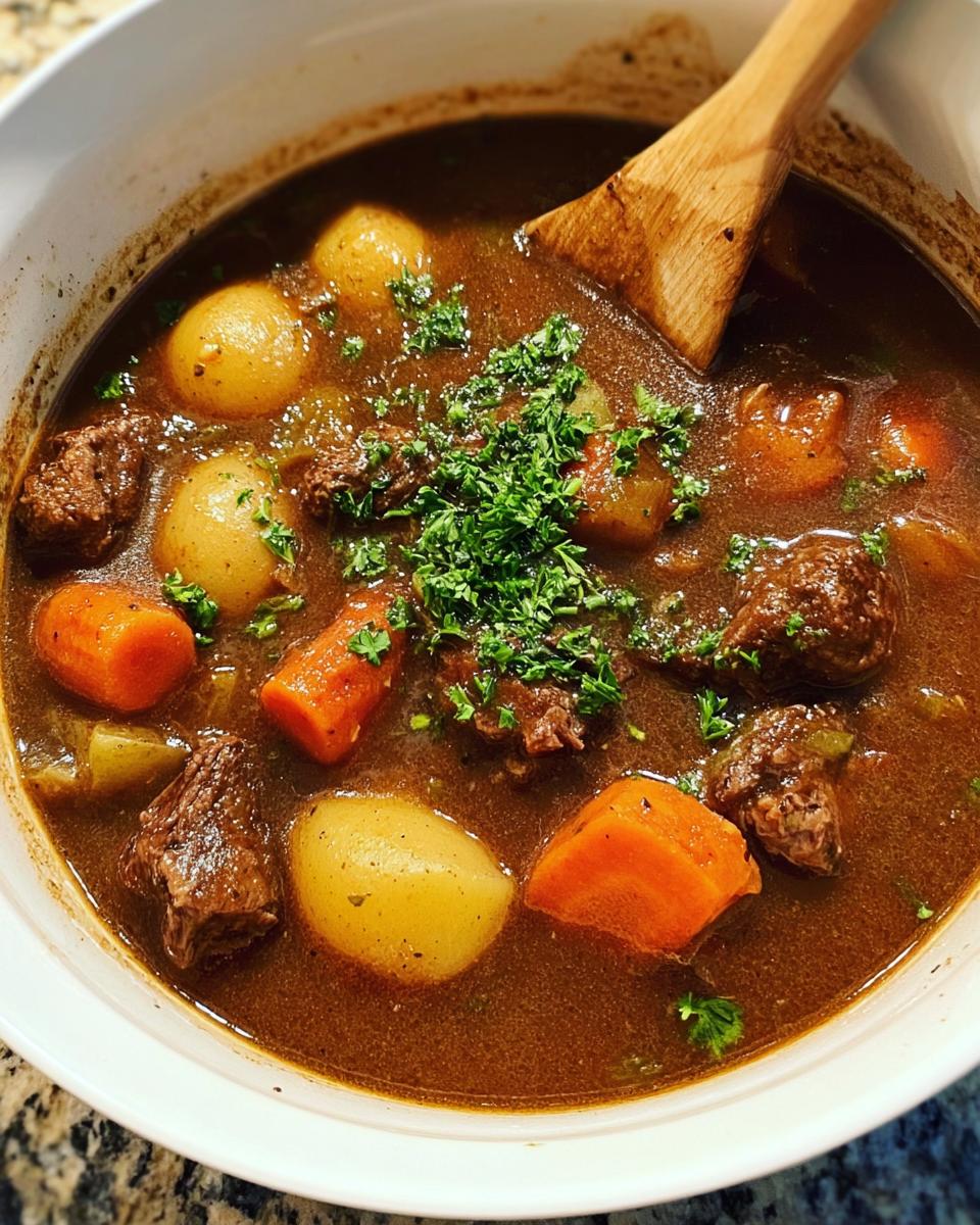 Close-up of rich, dark brown Healthy Beef Stew with chunks of beef, whole small potatoes, and carrots, garnished with fresh parsley.