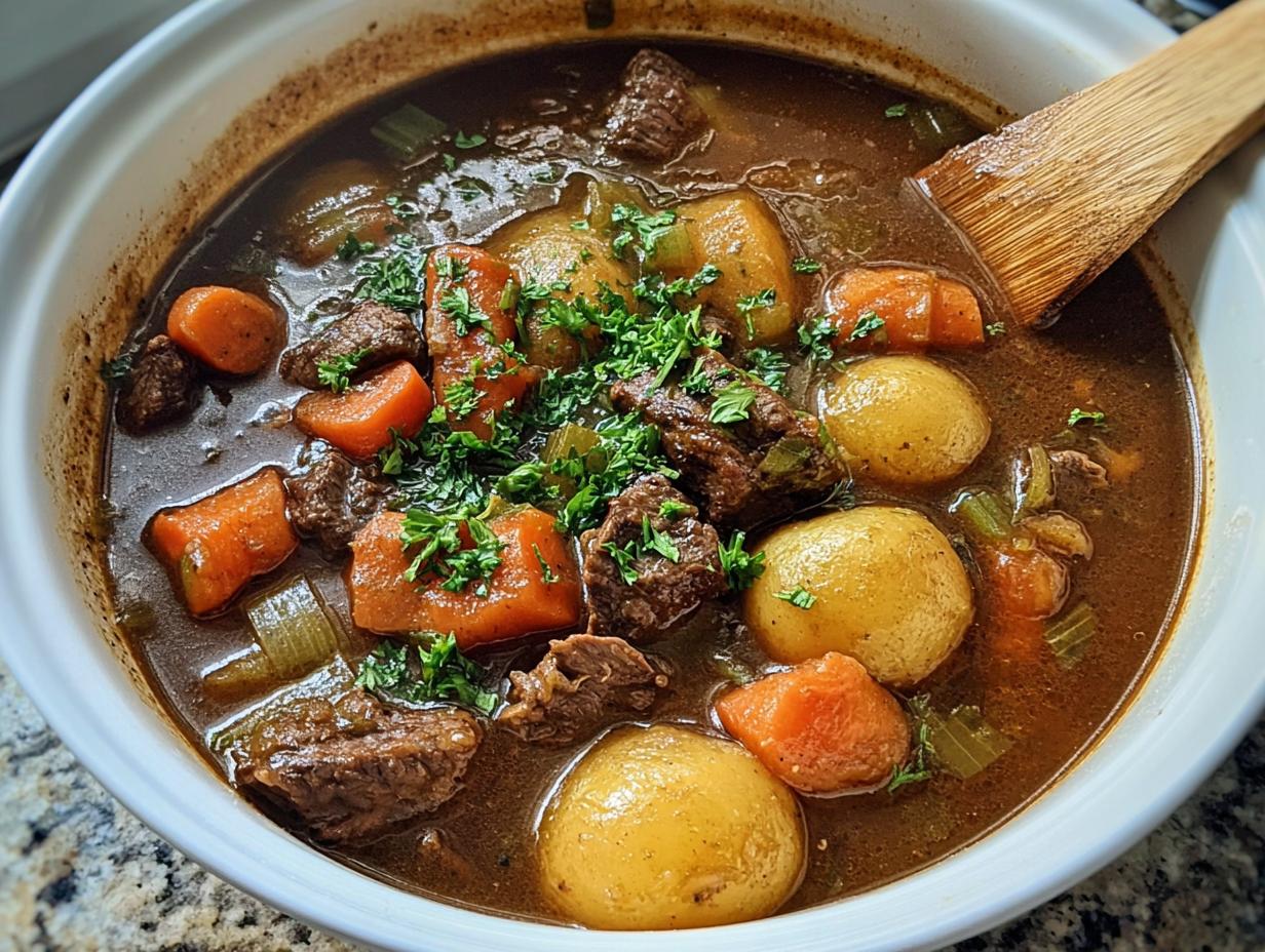 Close-up of a rich, dark Healthy Beef Stew featuring chunks of beef, whole small potatoes, carrots, and celery, garnished with fresh parsley.