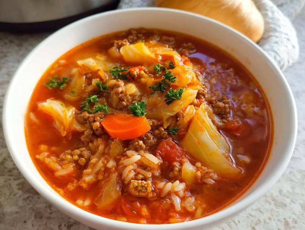 Close-up of a hearty bowl of Healthy Cabbage Roll Soup with ground meat, cabbage, rice, and carrots, garnished with parsley.