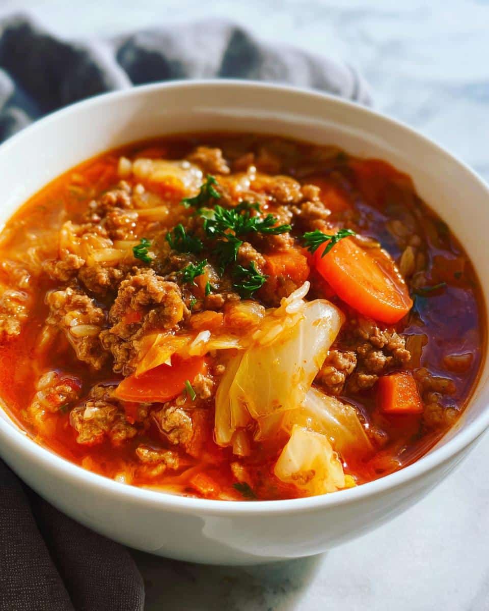A close-up of a hearty bowl of Healthy Cabbage Roll Soup, featuring ground meat, cabbage, carrots, and a rich tomato broth.