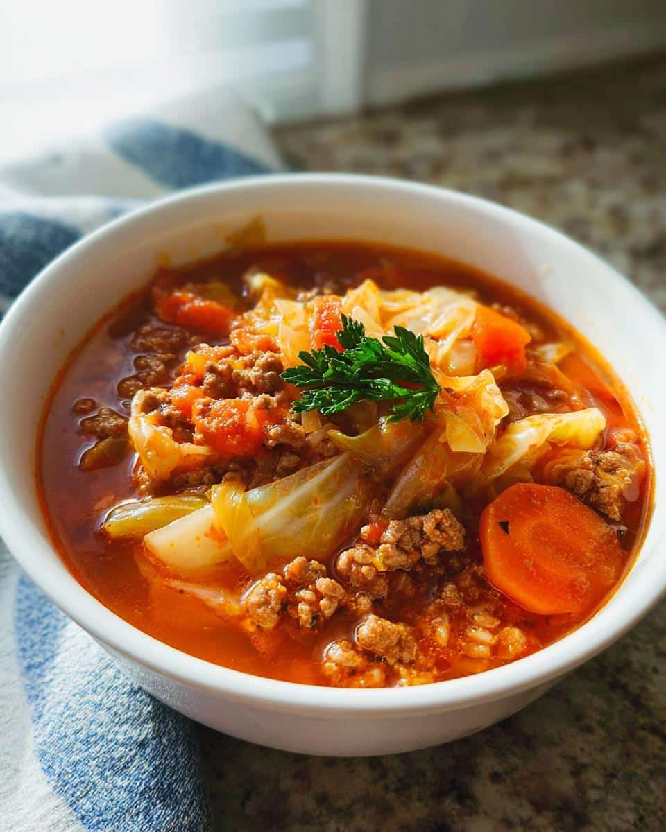 Close-up of a white bowl filled with Healthy Cabbage Roll Soup featuring ground meat, cabbage, carrots, and a parsley garnish.