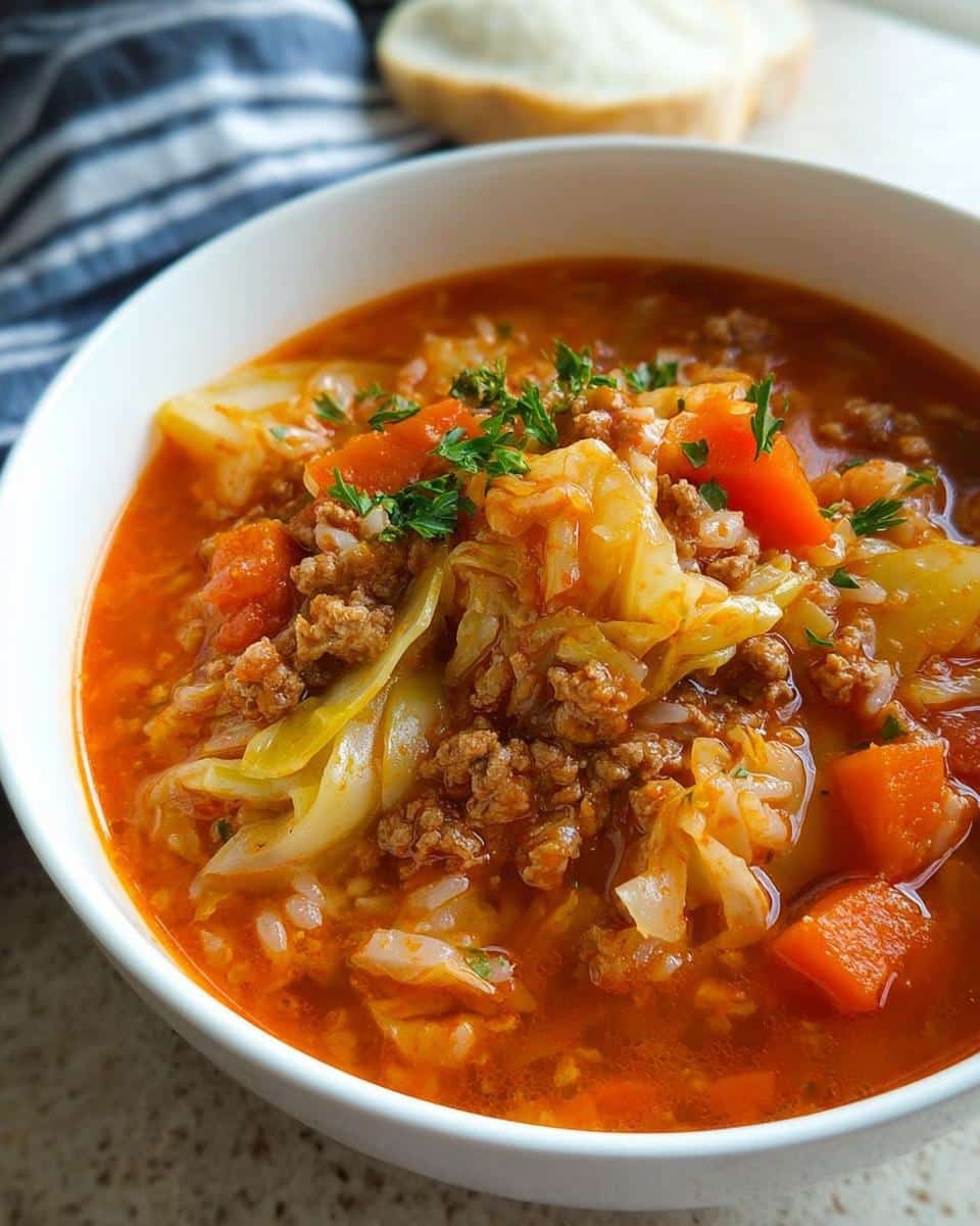 Close-up of a bowl of Healthy Cabbage Roll Soup featuring ground meat, cabbage, carrots, and rice in a rich tomato broth.