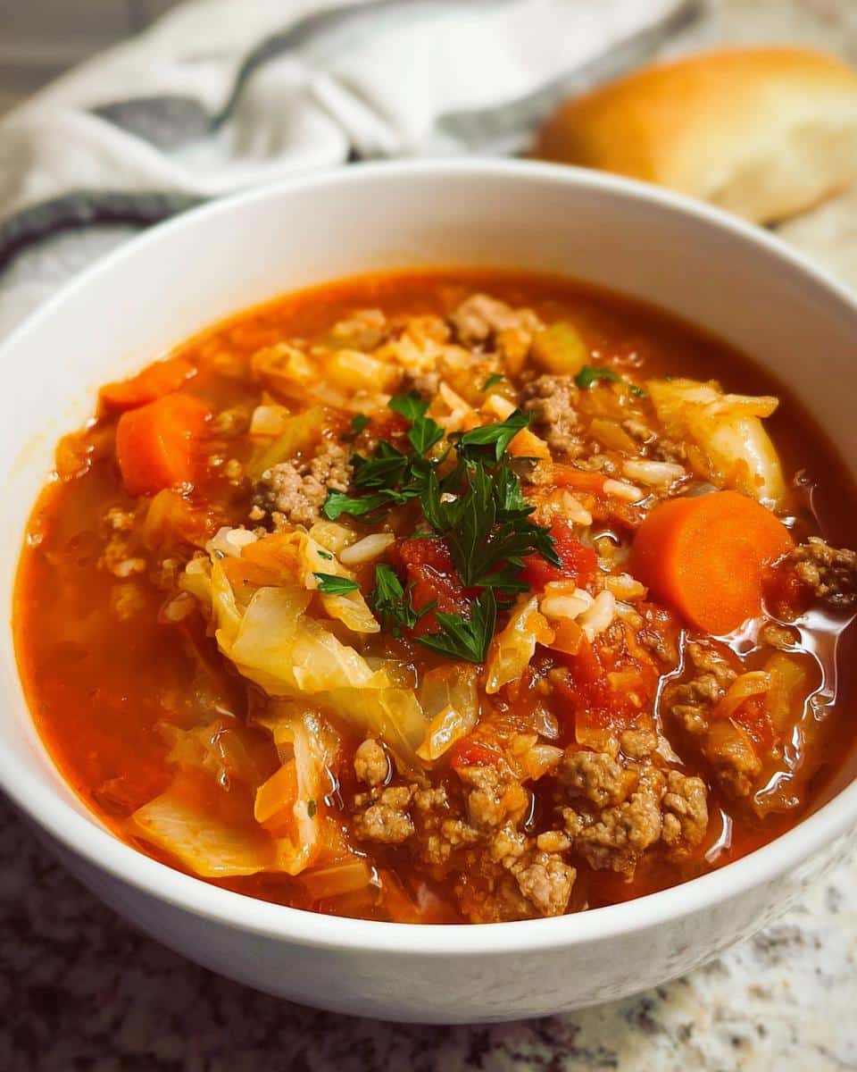 Close-up of a bowl of Healthy Cabbage Roll Soup, featuring ground meat, cabbage, carrots, and rice in a tomato broth, garnished with parsley.