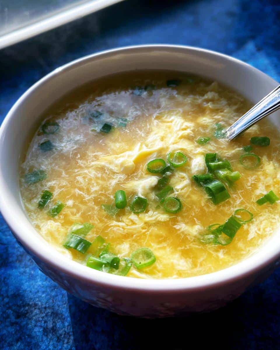 Close-up of a steaming bowl of Healthy Egg Drop Soup, featuring wispy egg ribbons and fresh green onion garnish.