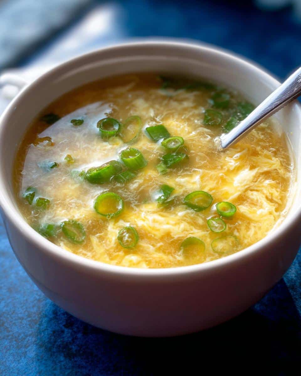 Close-up of a white bowl filled with healthy Egg Drop Soup, featuring wispy egg ribbons and fresh green onion slices.