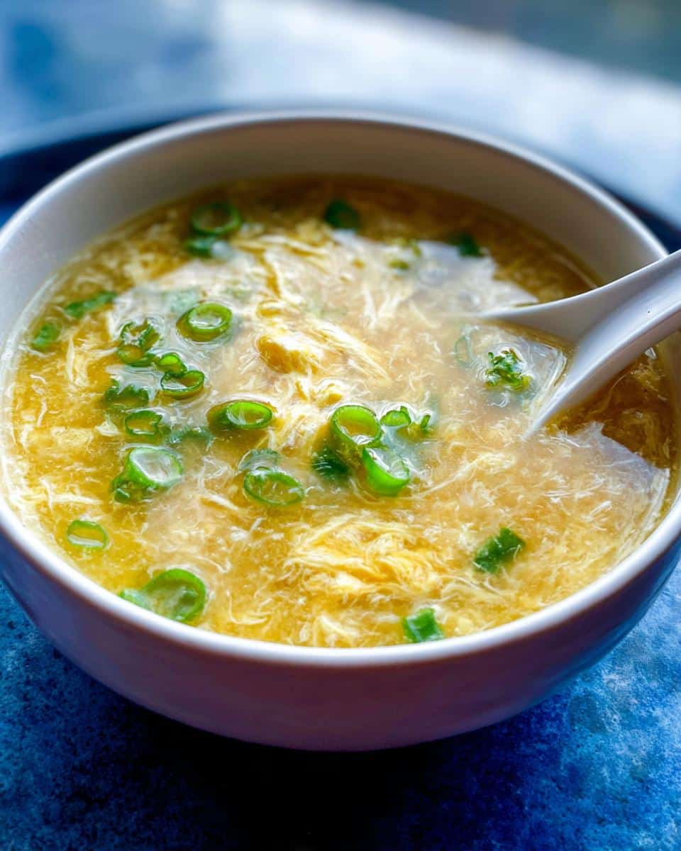 A close-up view of a white bowl filled with hot, yellow Egg Drop Soup (Healthy Version), garnished with bright green sliced scallions.