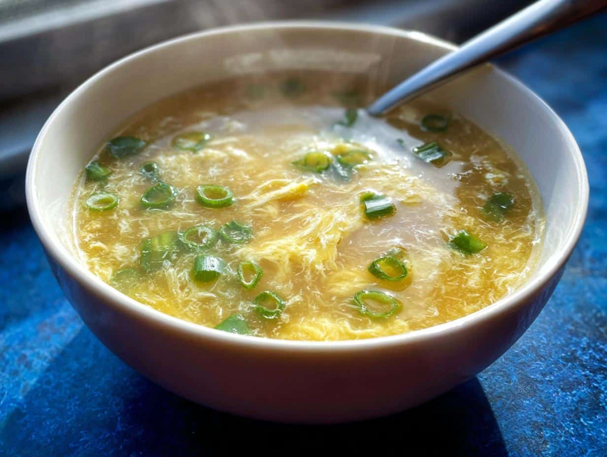 Close-up of a steaming bowl of healthy Egg Drop Soup garnished with bright green scallions.