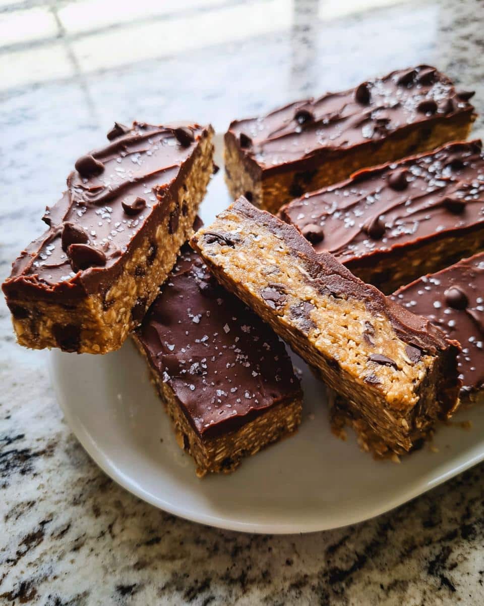 Several slices of Healthy No-Bake Cookie Dough Bars topped with chocolate ganache and sea salt.