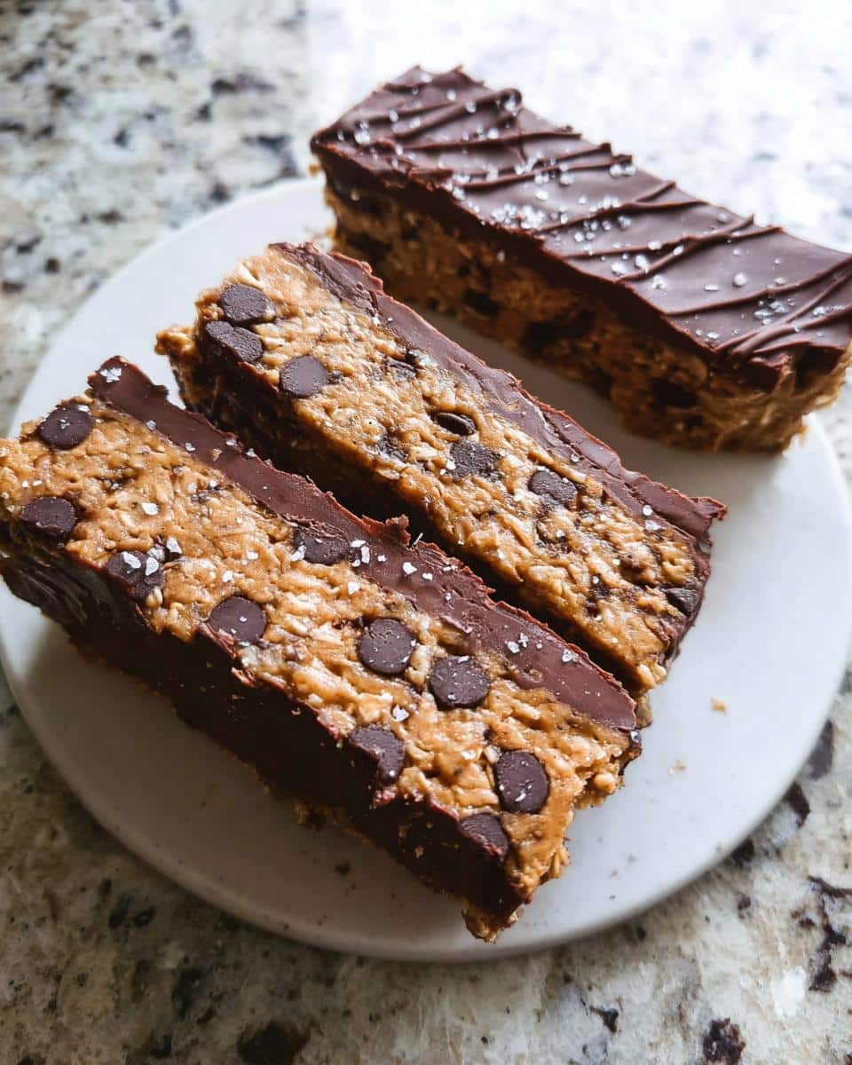 Three slices of Healthy No-Bake Cookie Dough Bars with chocolate chips and sea salt on a white plate.