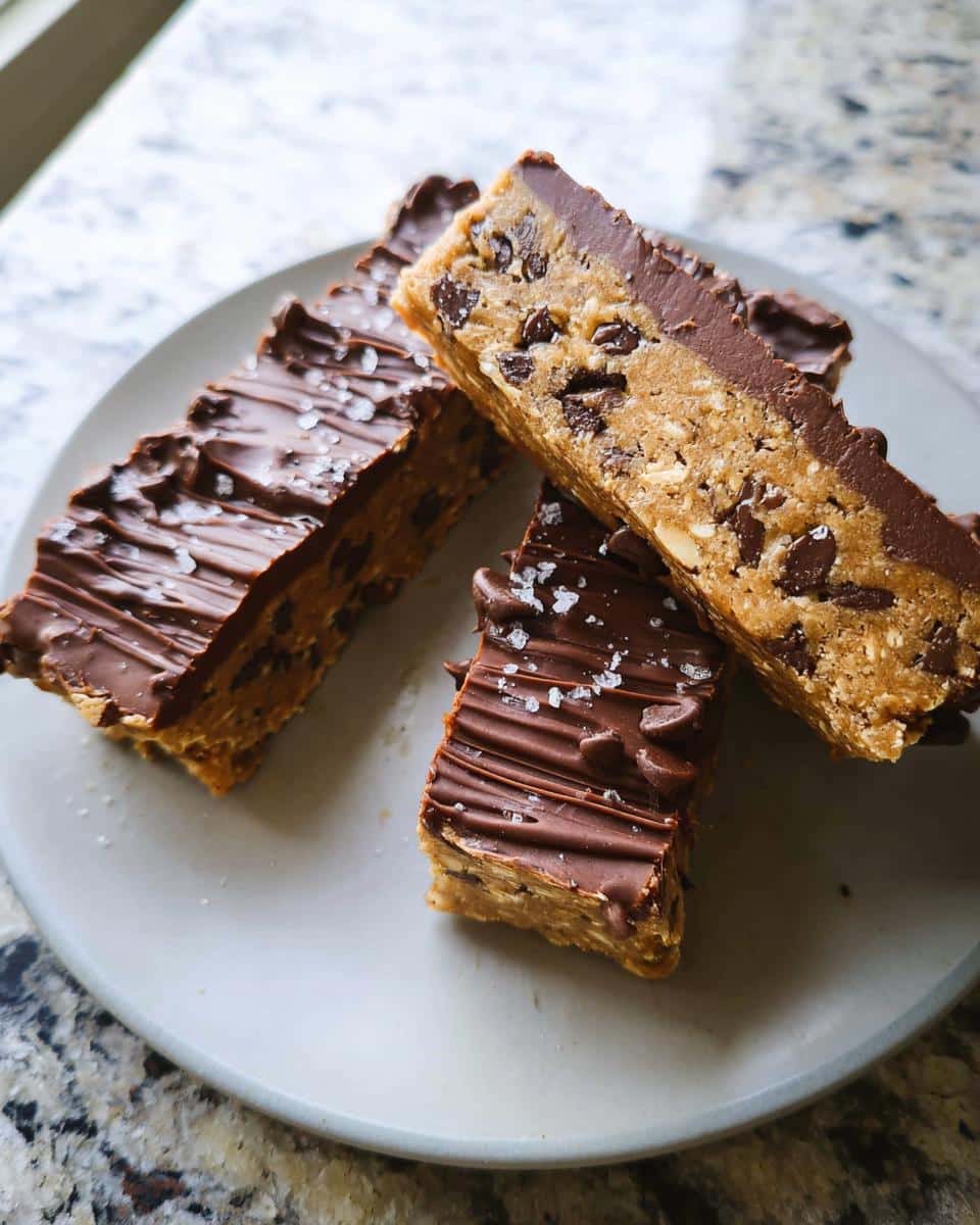 Three rectangular Healthy No-Bake Cookie Dough Bars topped with chocolate drizzle and sea salt flakes.