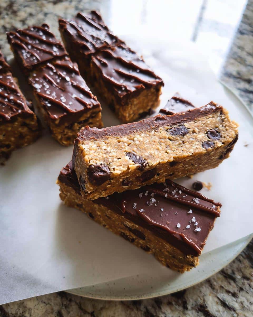 Close-up of several Healthy No-Bake Cookie Dough Bars stacked, showing the oat base, chocolate chips, and sea salt sprinkled on the chocolate topping.