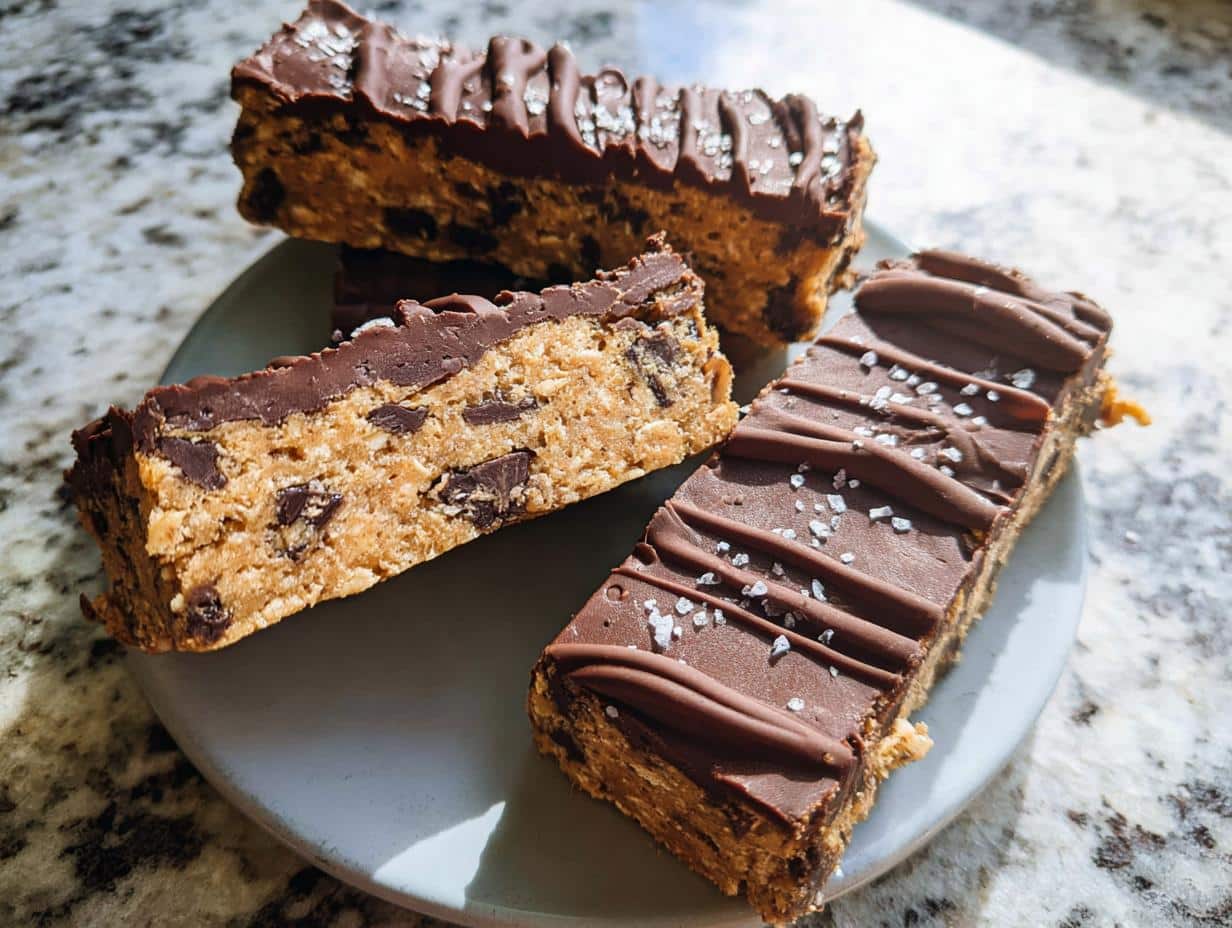 Three rectangular Healthy No-Bake Cookie Dough Bars topped with chocolate drizzle and sea salt flakes.