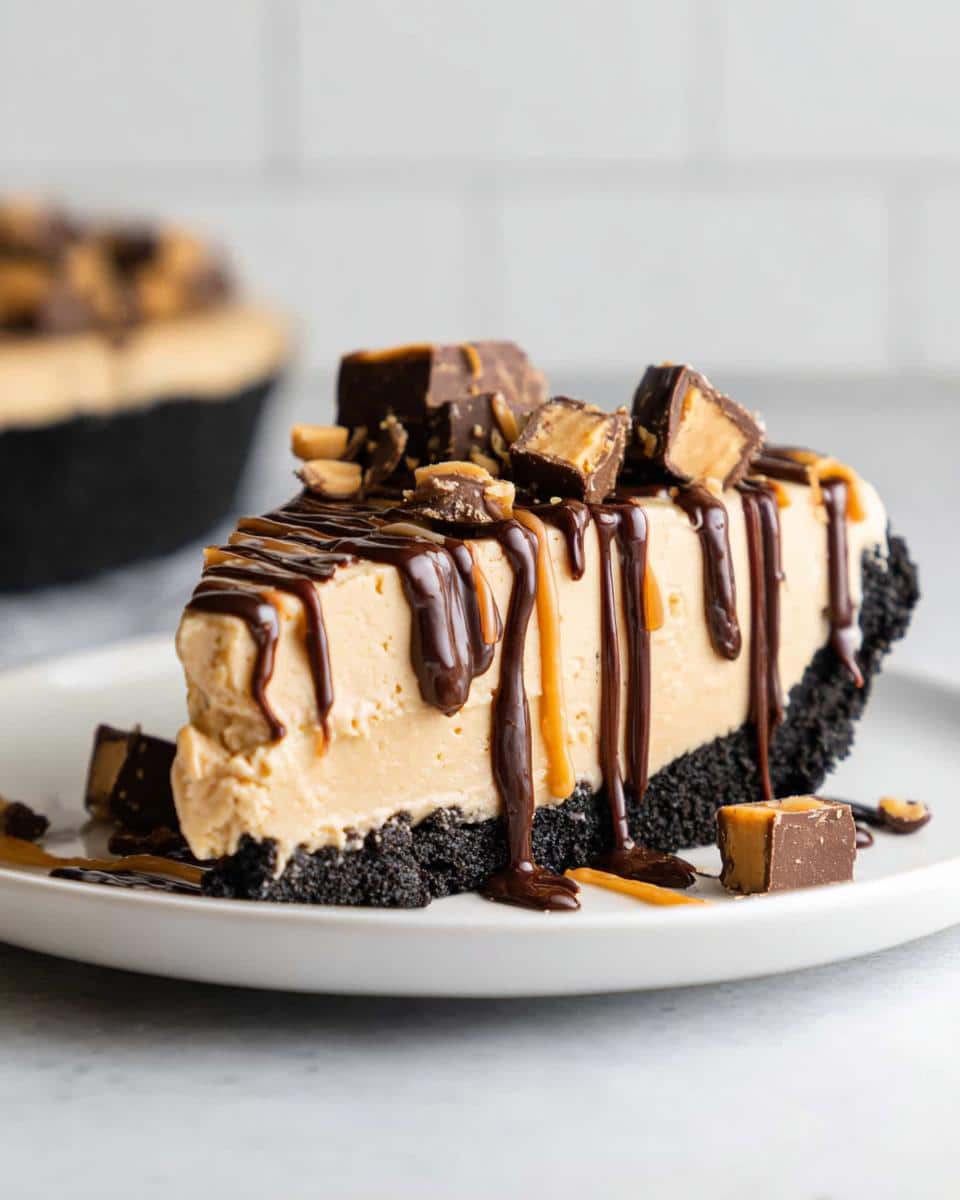 A decadent slice of Healthy Vegan Peanut Butter Pie with a dark crust, topped with chocolate and caramel drizzles and peanut butter cups.