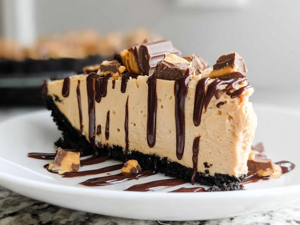 A decadent slice of Healthy Vegan Peanut Butter Pie with a dark crust, topped with chocolate drizzle and peanut butter cup pieces.