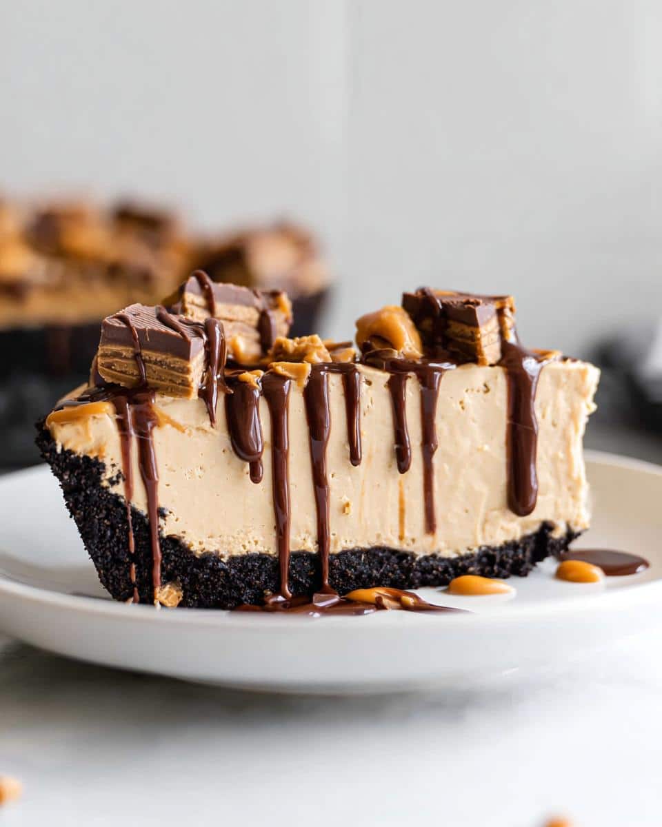 A decadent slice of Healthy Vegan Peanut Butter Pie with a dark crust, peanut butter filling, chocolate drizzle, and candy toppings.