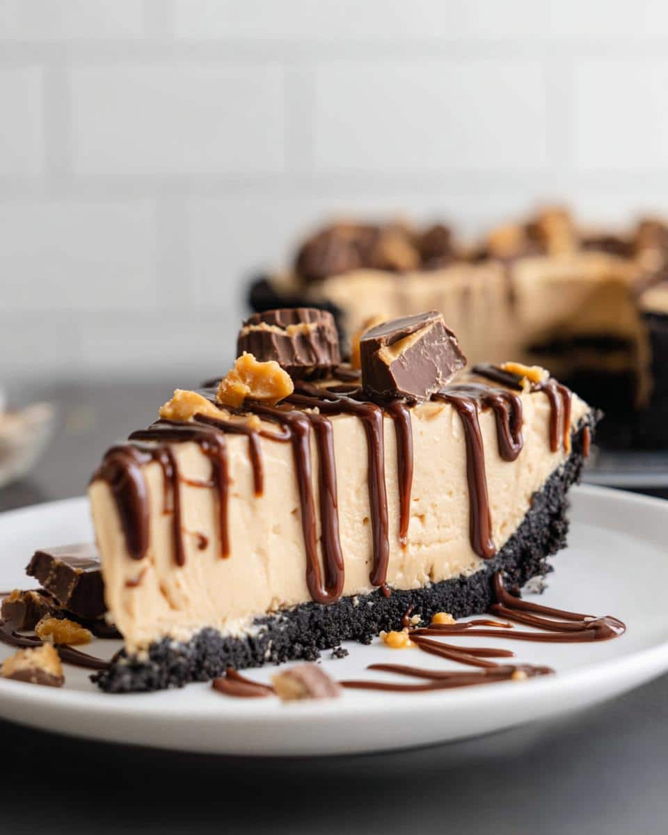 A decadent slice of Healthy Vegan Peanut Butter Pie with a dark crust, creamy filling, chocolate drizzle, and peanut butter cup topping.