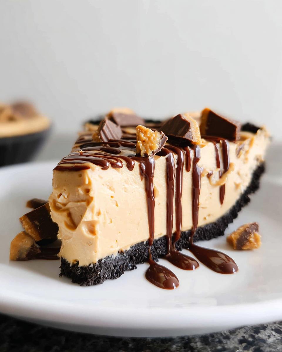 A decadent slice of Healthy Vegan Peanut Butter Pie with a dark crust, creamy filling, chocolate drizzle, and peanut butter cup topping.