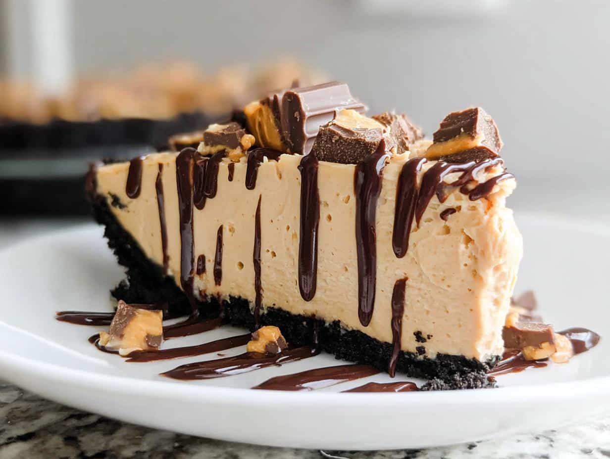 A decadent slice of Healthy Vegan Peanut Butter Pie with a dark crust, topped with chocolate drizzle and peanut butter cup pieces.