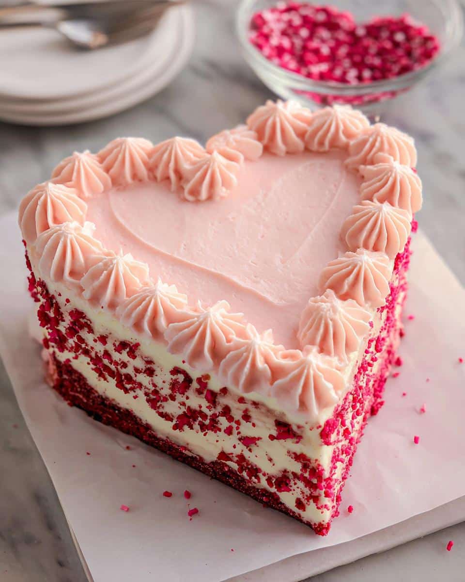 Close-up of a heart-shaped cake slice showing layers, pink frosting swirls, and red sprinkles, related to Cake Pop Heart Designs.