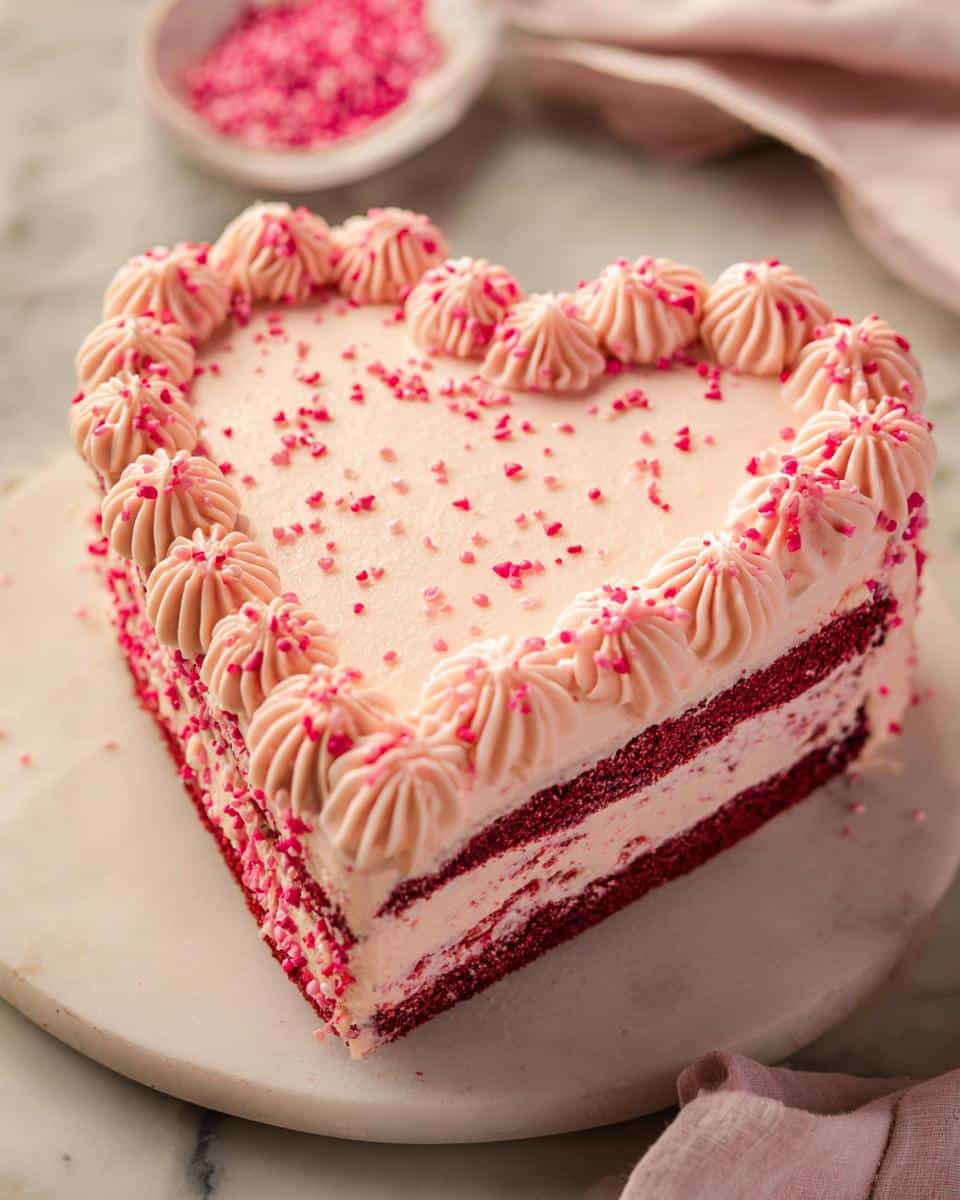 Close-up of a heart-shaped red velvet cake featuring pink frosting layers and piped borders, perfect for Cake Pop Heart Designs.