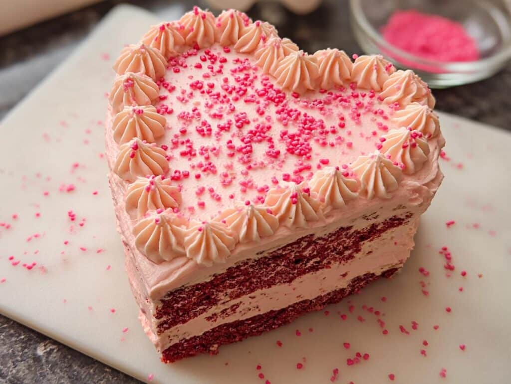Close-up of a slice of red velvet cake shaped like a heart, featuring pink frosting and heart-shaped sprinkles, showcasing Cake Pop Heart Designs.