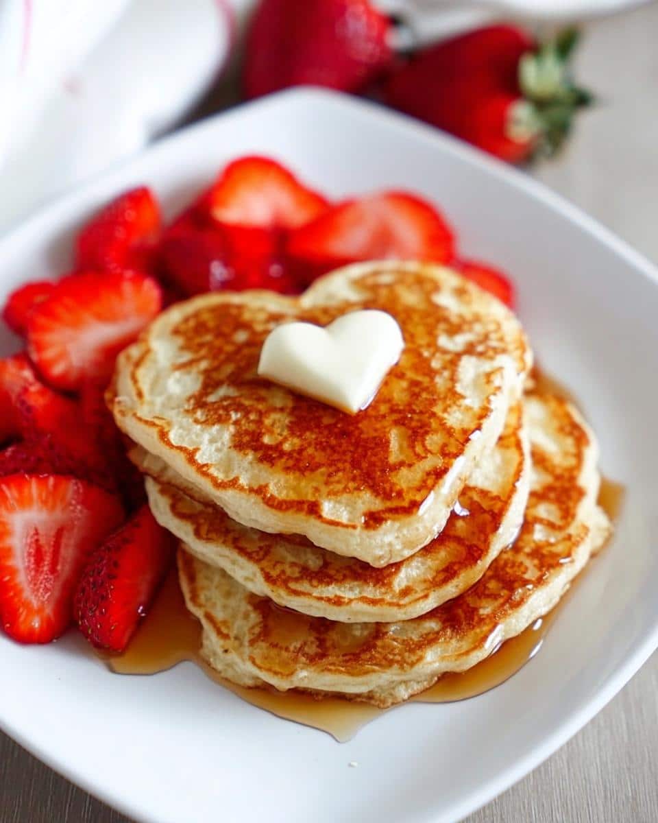 A stack of three golden Heart Pancakes Valentine Breakfast topped with heart-shaped butter and served with sliced strawberries.
