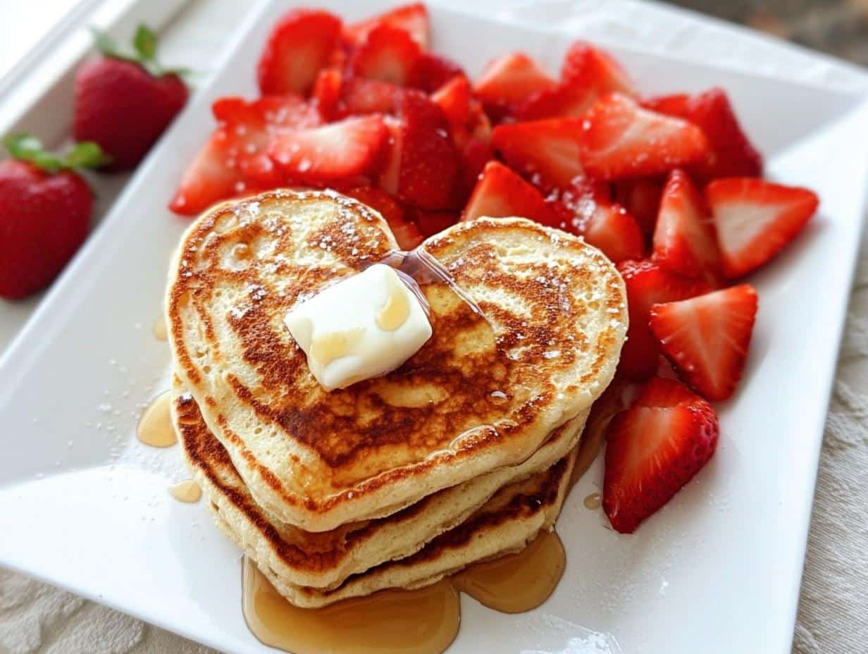 A stack of three golden Heart Pancakes Valentine Breakfast topped with butter and syrup, served with sliced strawberries.