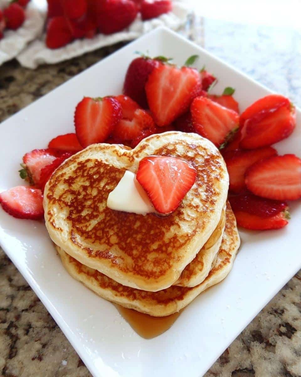 Stack of two heart-shaped pancakes topped with butter and a strawberry slice, served with fresh sliced strawberries.